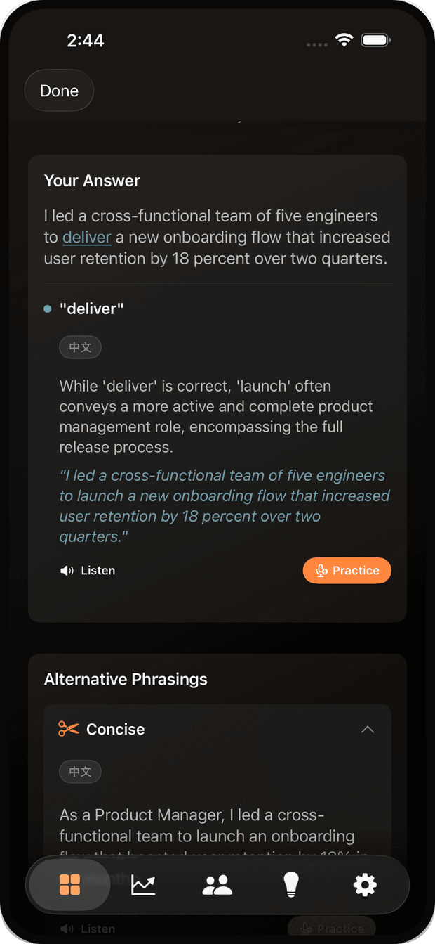 Interview Expert app:逐字逐句的雙語面試教練畫面