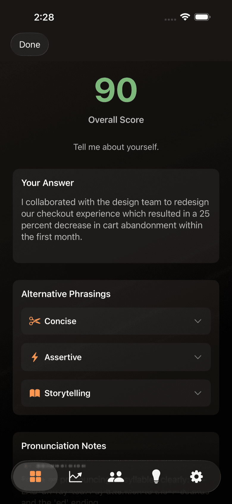 Interview Expert app showing line-by-line bilingual coaching on a recorded answer